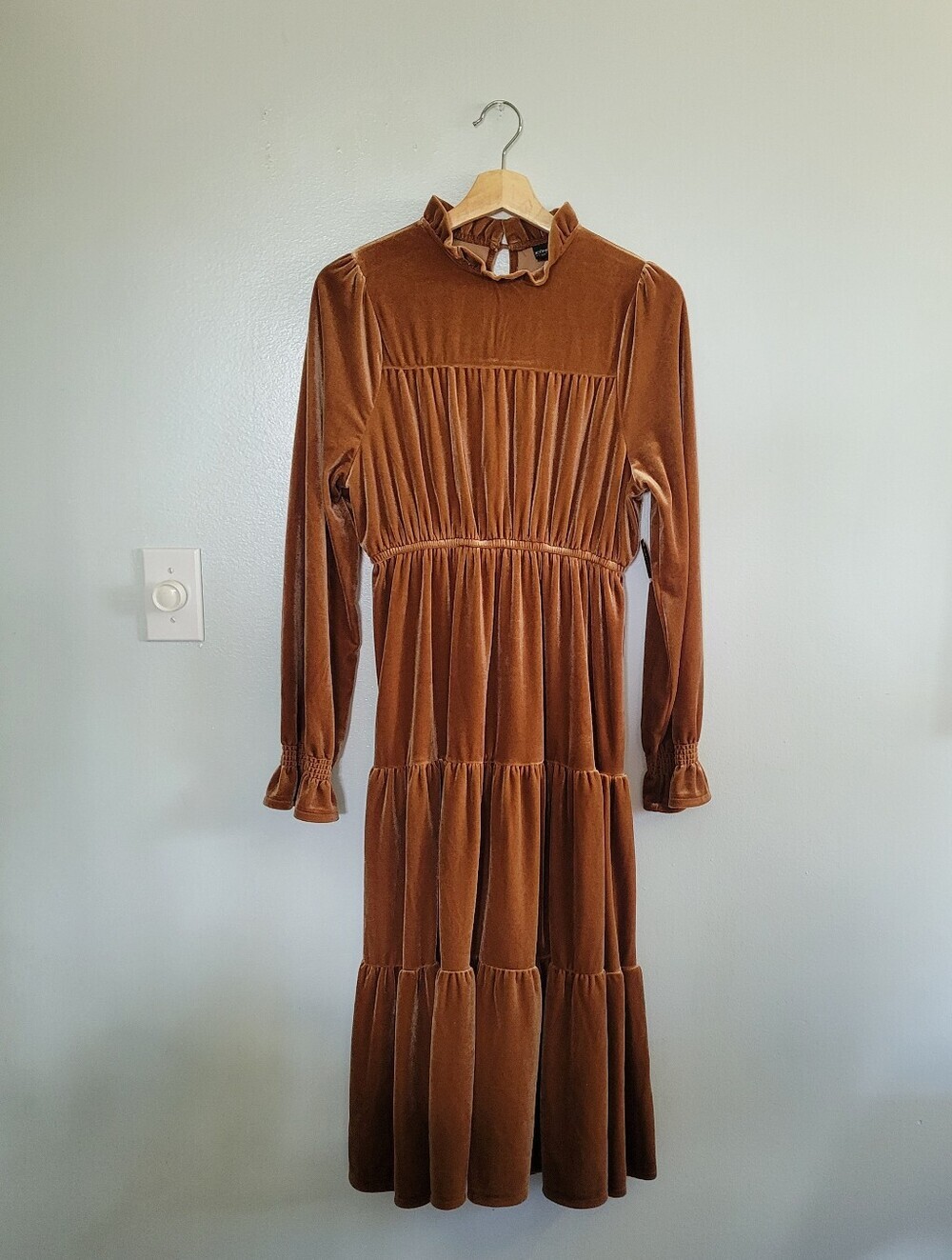 NWT Icone By Simons Velvet Tiered Midi Dress Ruffle Sz P/S Brown Boho Fall - Picture 2 of 14